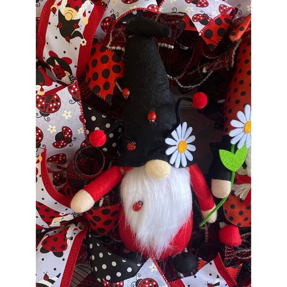 Ladybug Gnome Wreath Red Black White Mesh Polka Dot Door Decor Spring Summer 24” - Picture 2 of 7